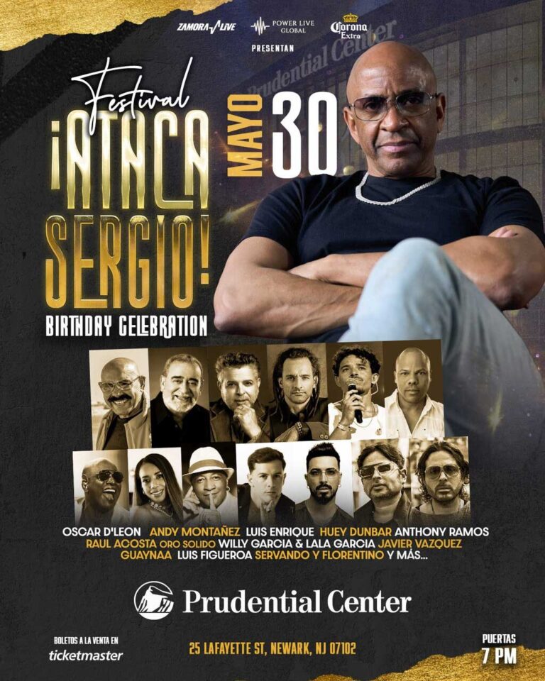 Festival ¡Ataca Sergio! lineup graphic featuring Sergio George and salsa all-stars