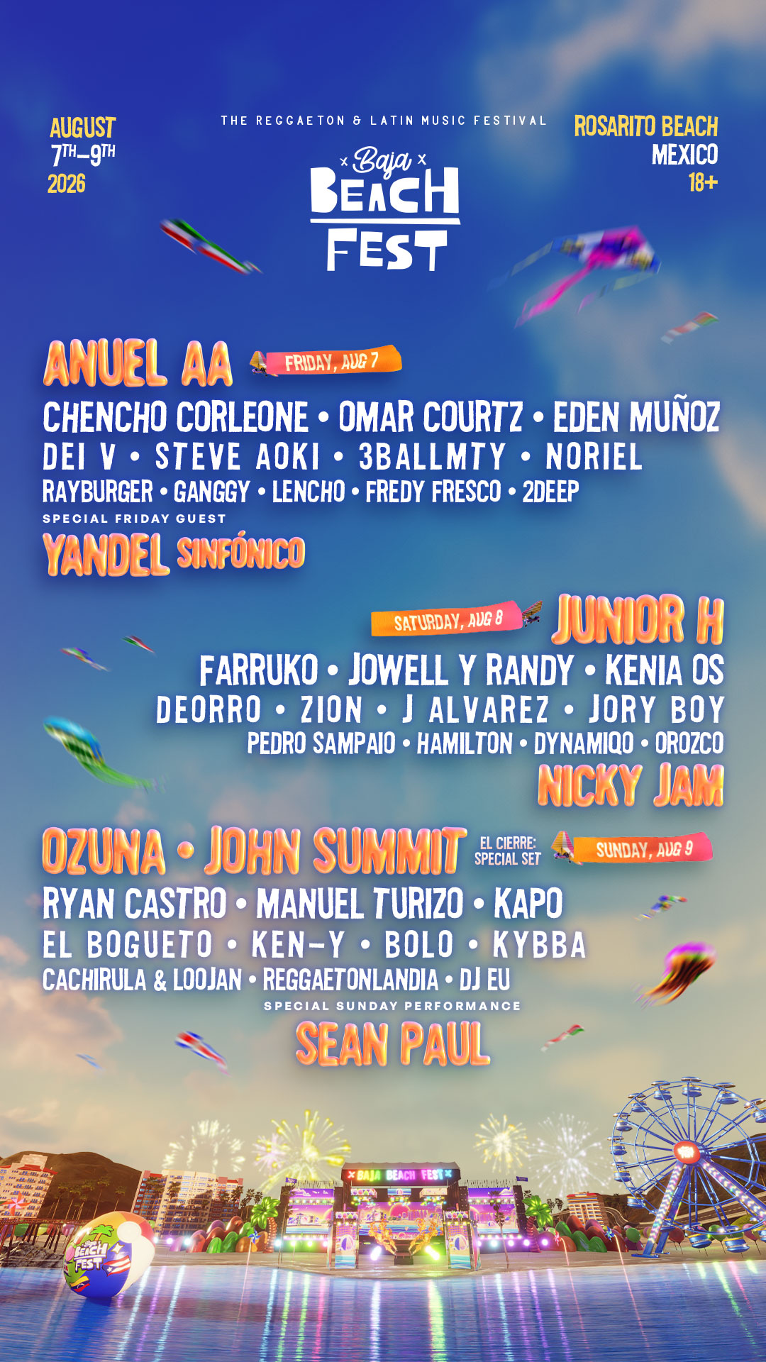 Baja Beach Fest 2026 lineup poster featuring Anuel AA, Junior H, Ozuna, and Nicky Jam