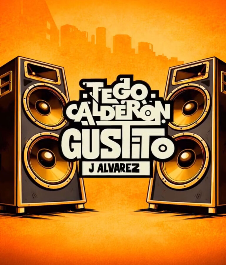 Tego Calderón and J Alvarez Gustito single artwork with speakers and orange background