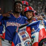 Dominican Republic baseball team celebrating and dancing during the World Baseball Classic