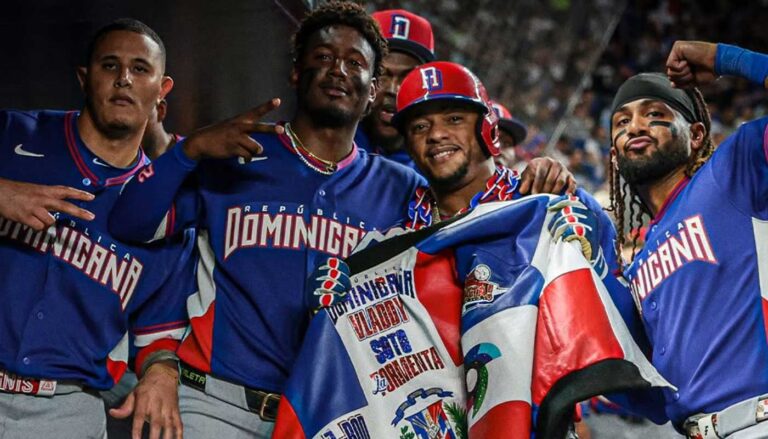 Dominican Republic baseball team celebrating and dancing during the World Baseball Classic
