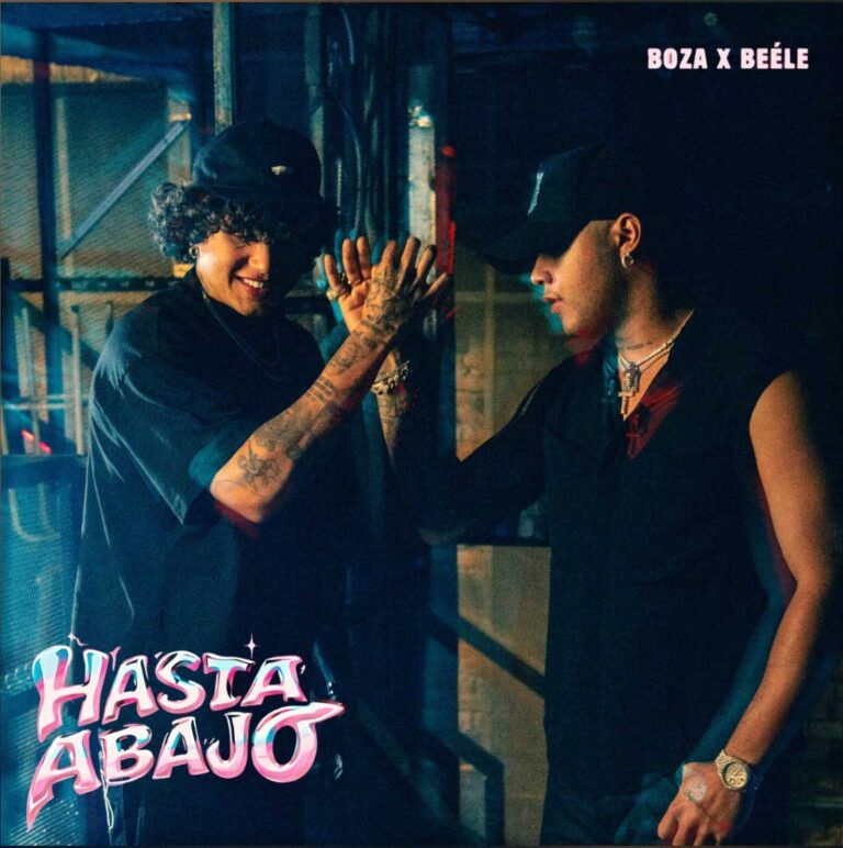 Two people in dark clothing high-five in a moody backstage scene, pink 'Hasta Abajo' text in the bottom left and 'Boza x Beéle' in the top right.