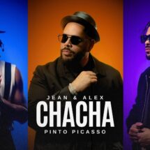 Triptych album cover: three men in colored lighting (blue left, orange center, purple right) with bold CHACHA text in center; 'Jean & Alex' above, 'Pinto Picasso' below.