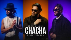 Triptych album cover: three men in colored lighting (blue left, orange center, purple right) with bold CHACHA text in center; 'Jean & Alex' above, 'Pinto Picasso' below.