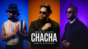 Triptych album cover: three men in colored lighting (blue left, orange center, purple right) with bold CHACHA text in center; 'Jean & Alex' above, 'Pinto Picasso' below.