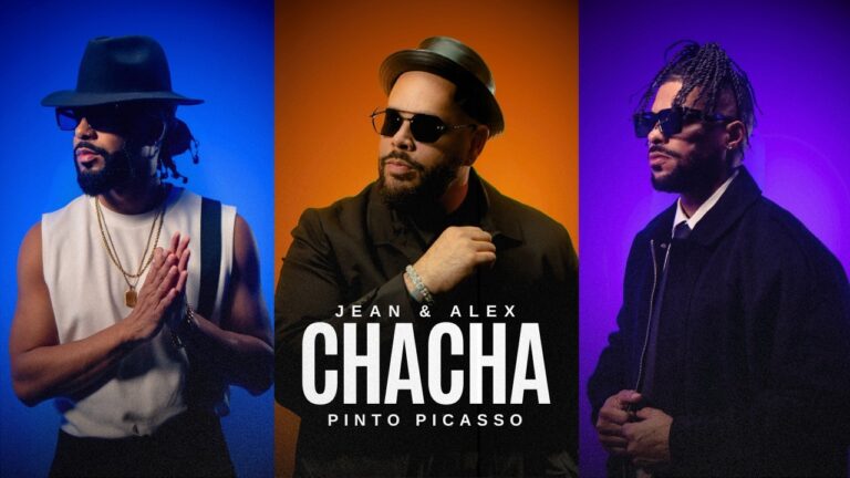 Triptych album cover: three men in colored lighting (blue left, orange center, purple right) with bold CHACHA text in center; 'Jean & Alex' above, 'Pinto Picasso' below.