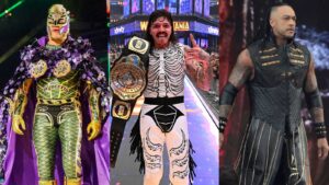 Damian Priest , Dominik Mysterio, and Rey Mysterio representing Latino wrestlers at WrestleMania
