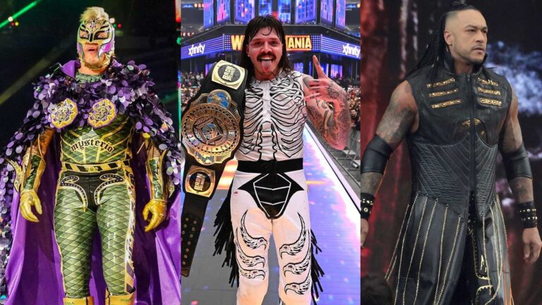 Damian Priest , Dominik Mysterio, and Rey Mysterio representing Latino wrestlers at WrestleMania