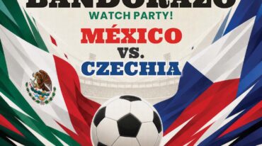 Poster advertising El Gallo Bandorazo watch party: Mexico vs. Czechia with a soccer ball and Mexican flag colors in the background, inviting all ages to Plaza México Courtyard on June 24.