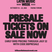 Billboard Latin Music Week 2026 promotional artwork announcing presale tickets.