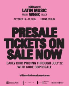 Billboard Latin Music Week 2026 promotional artwork announcing presale tickets.