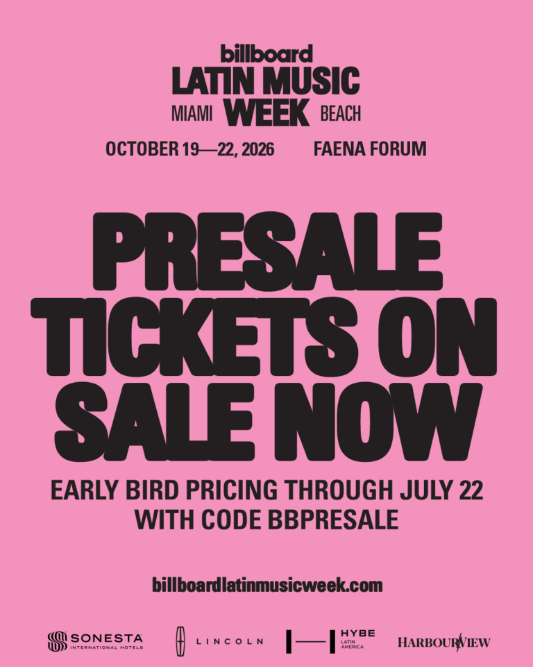 Billboard Latin Music Week 2026 promotional artwork announcing presale tickets.