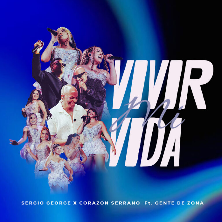 Album cover for 'Vivir Vida' featuring multiple performers in glitter outfits against a blue gradient with bold white text.