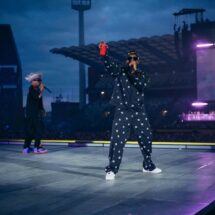 Bad Bunny performing with Jowell & Randy during the Debí Tirar Más Fotos Tour finale in Brussels.