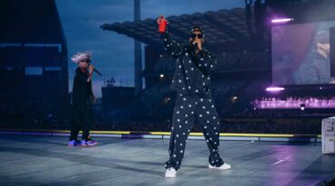 Bad Bunny performing with Jowell & Randy during the Debí Tirar Más Fotos Tour finale in Brussels.