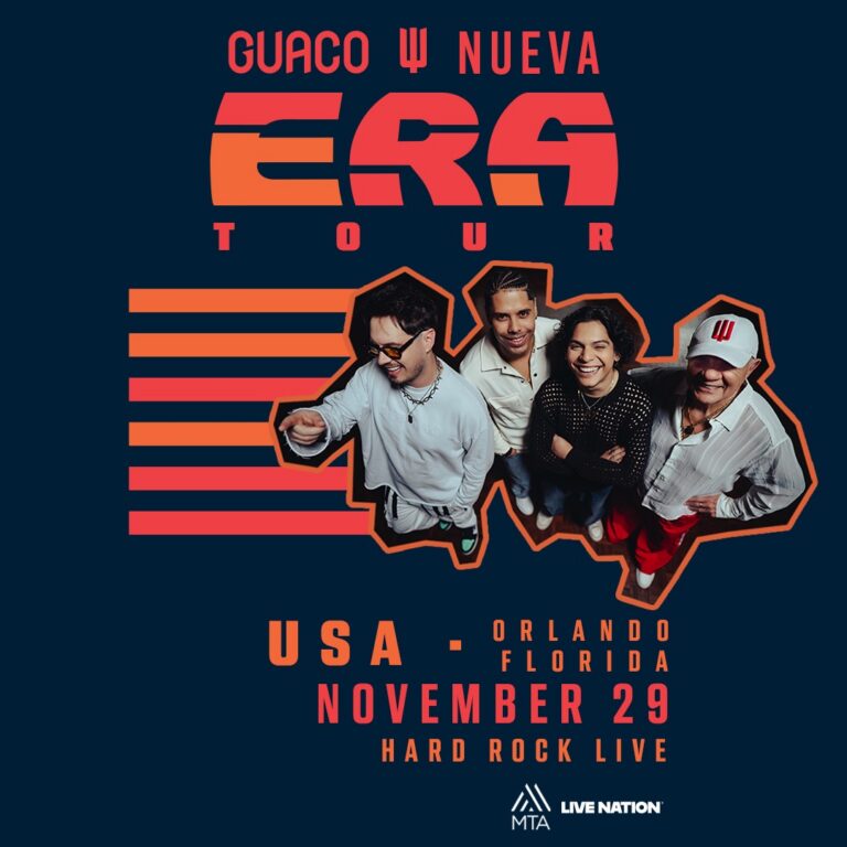 Concert poster for Guaco U Nueva ERAS Tour with a four-member band photo and date: November 29, Hard Rock Live, Orlando, Florida, USA.