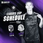 Leagues Cup 2026 schedule poster with Orlando City crest, player image, and Aug 8 (6:30 PM) and Aug 12 (7:30 PM) match info.