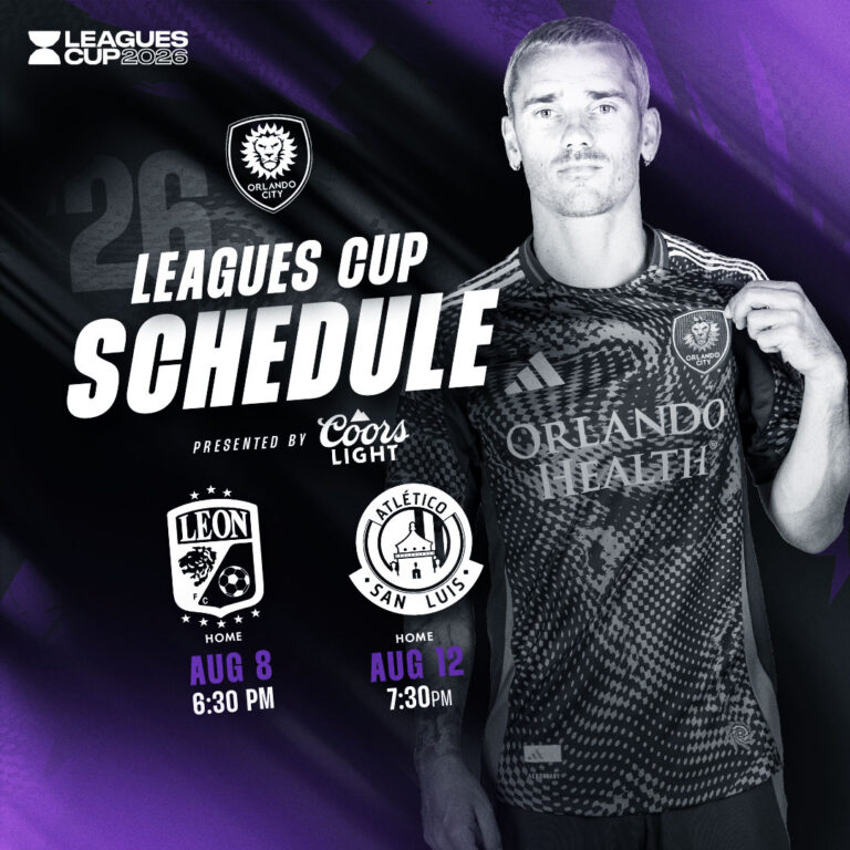 Leagues Cup 2026 schedule poster with Orlando City crest, player image, and Aug 8 (6:30 PM) and Aug 12 (7:30 PM) match info.