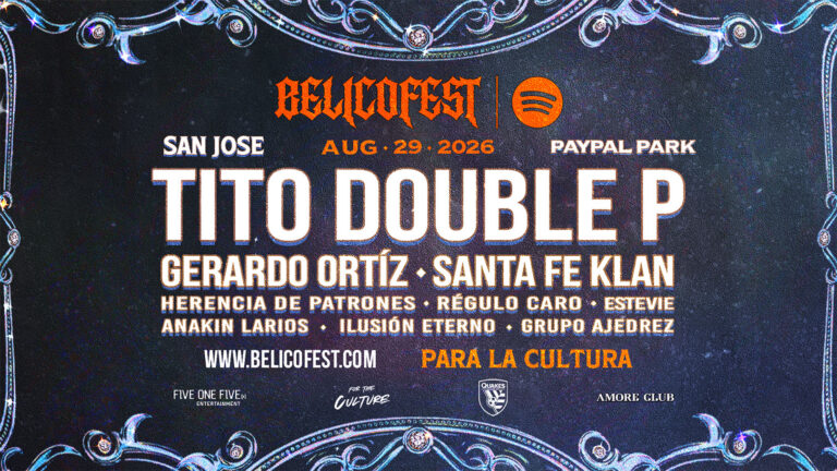 BelicoFest 2026 lineup featuring Tito Double P, Santa Fe Klan and Gerardo Ortiz.